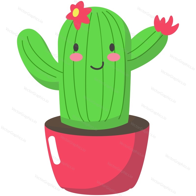 Kaktus vektor. Funny sukulentní dívka rostlina maskot s růžovým květem květina kreslené ilustrace. Roztomilý Kaktusy květináč izolovaných na bílém pozadí