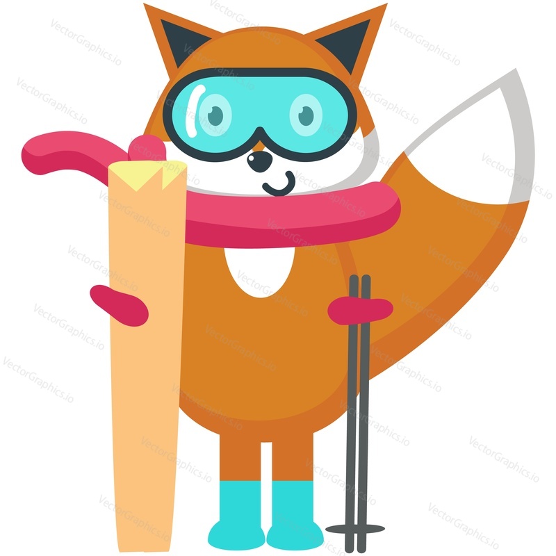 Zvířecí lyže. Roztomilý fox lyžař vektor. Zimní lesní charakter v teplém oblečení se sportovním vybavením izolovaných na bílém pozadí. Doodle dovolená karta nebo Nový rok, vánoční pohlednice design