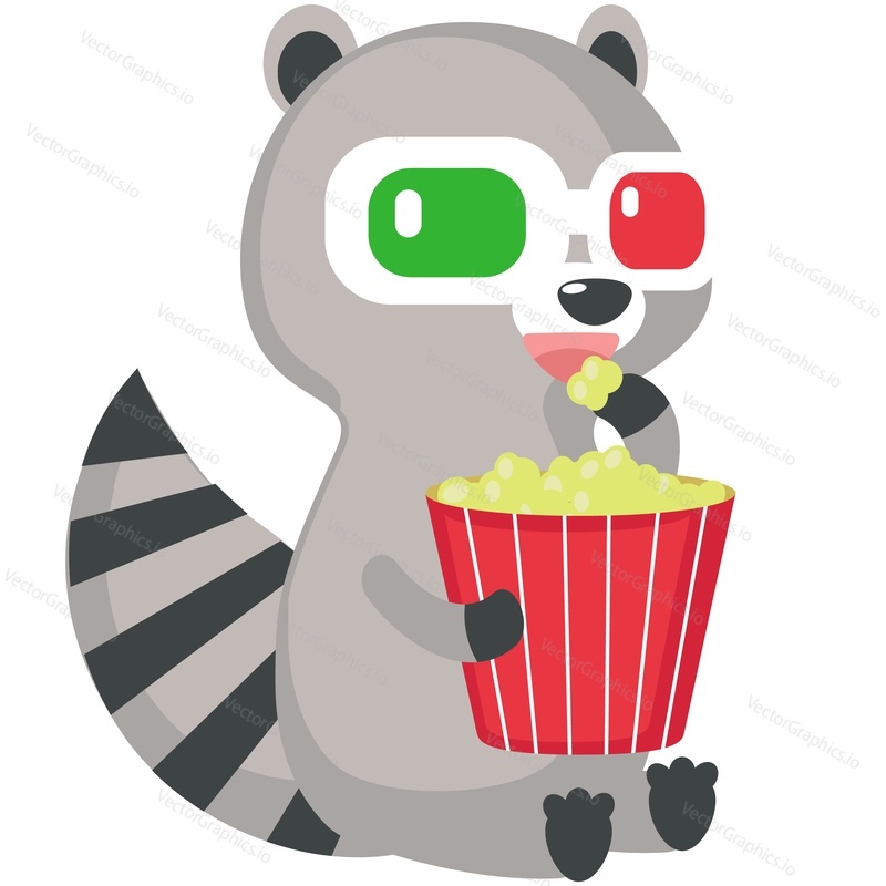 Cute raccoon vector. Funny woodland animal character wearing cinema glasses eating popcorn enjoy watching movie cartoon icon illustration isolated on white background