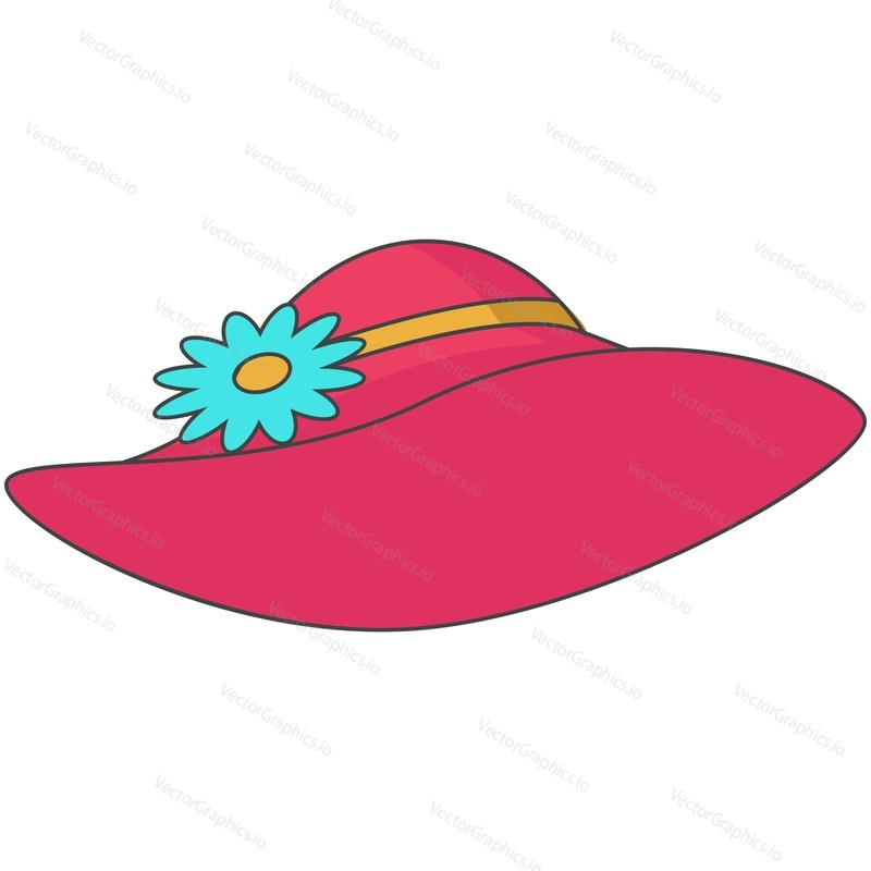 Summer hat vector. Cap from sun cartoon icon. Beach fashion headwear for lady isolated. Elegance headdress sunhat with brim and flower decoration on white background