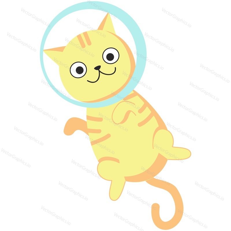 Funny kitten cosmonaut vector cartoon space character icon. Cat flying in astronaut helmet isolated on white background. Cute animal spaceman