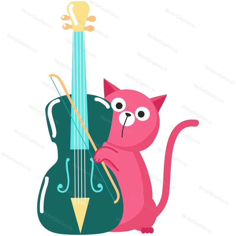 Music cat vector. Cute kitten animal character playing double bass icon. Funny comic cartoon kitty pet musical performance. Jazz musician isolated on white background