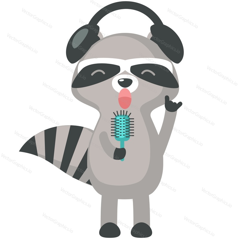 Cute raccoon vector. Funny woodland animal wearing headphones singing song in comb hair brush cartoon icon. Doodle character illustration isolated on white background