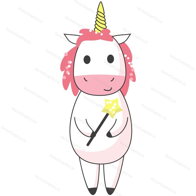 Cute unicorn vector. Baby horse cartoon icon. Happy animal with magic wand isolated character on white background