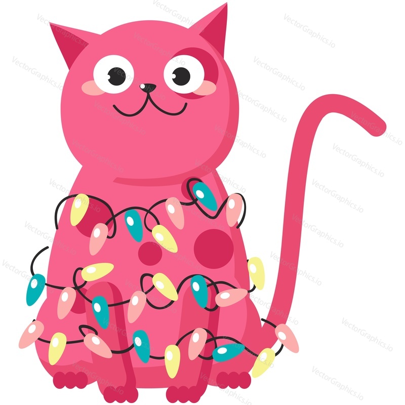 Roztomilý vánoční kočka vektor. Funny zimní pet charakter pro dovolenou karty doodle design. Vánoční kotě na sobě světla věnec sedí izolovaných na bílém pozadí
