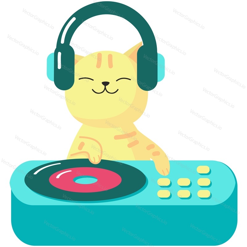 Cat dj vector. Cute kitten animal character in headphones standing at console playing melody icon isolated on white background
