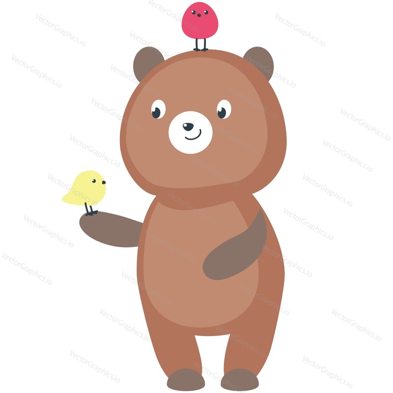 Roztomilý medvěd drží jarní pták vektorové ikony. Kreslený legrační hnědý teddy charakter izolované ilustrace na bílém pozadí