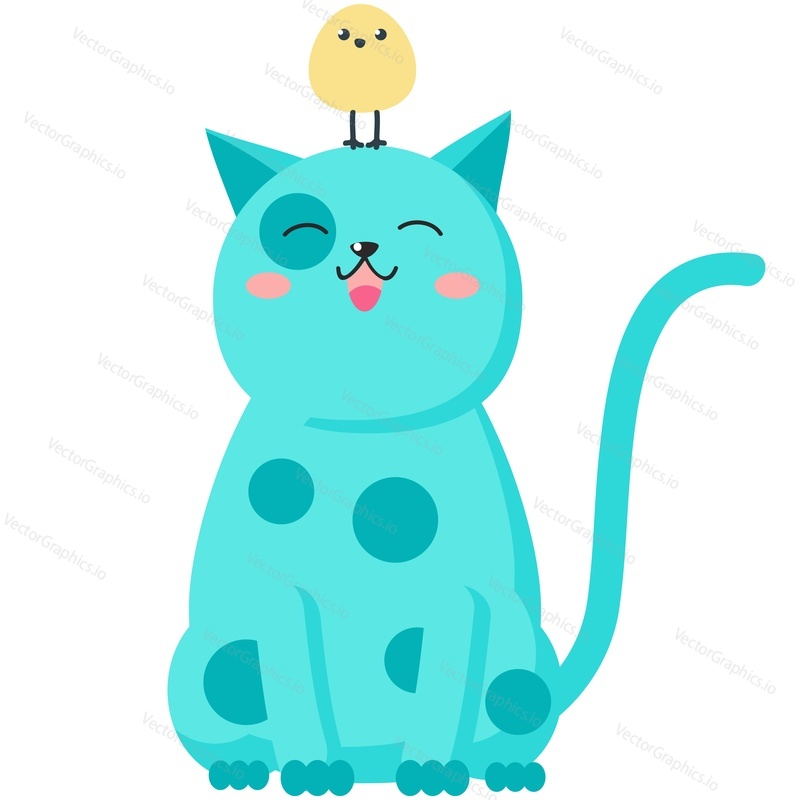 Cartoon spring cat with chicken on head vector. Cute animal and little farm bird icon for card design. Kitten and feathered friend character isolated illustration on white background