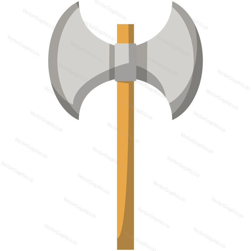 Viking battle ax vector. Ikona zbraně s dvojitou sekerou. Středověký rytíř kovová čepel ilustrace. Barbarská válečná sekera na rukojeti izolovaných na bílém pozadí