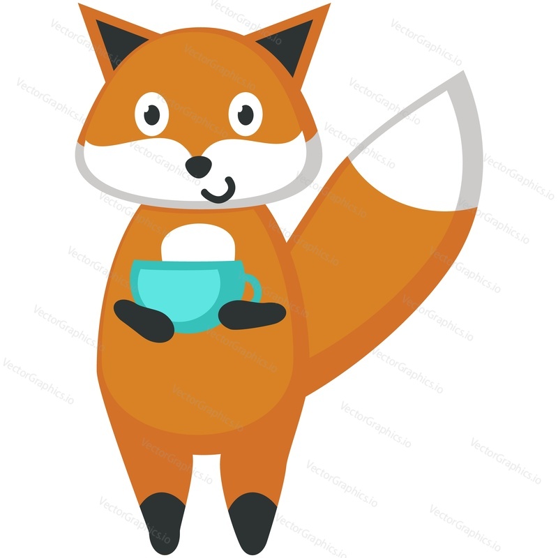 Funny fox vector. Cute forest animal cartoon icon. Comic woodland character with red tail holding cup of coffee, drinking tea beverage flower isolated on white background