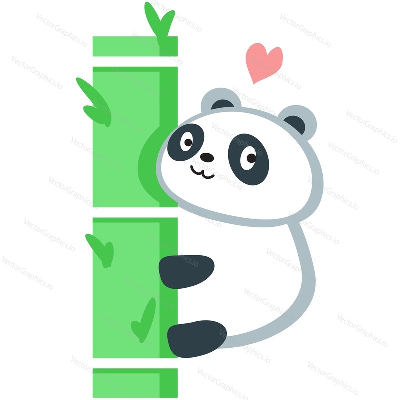 Cute cartoon panda vector. Bear animal icon. Funny baby cub character with happy face fall in love hiding behind bamboo tree stick isolated on white background