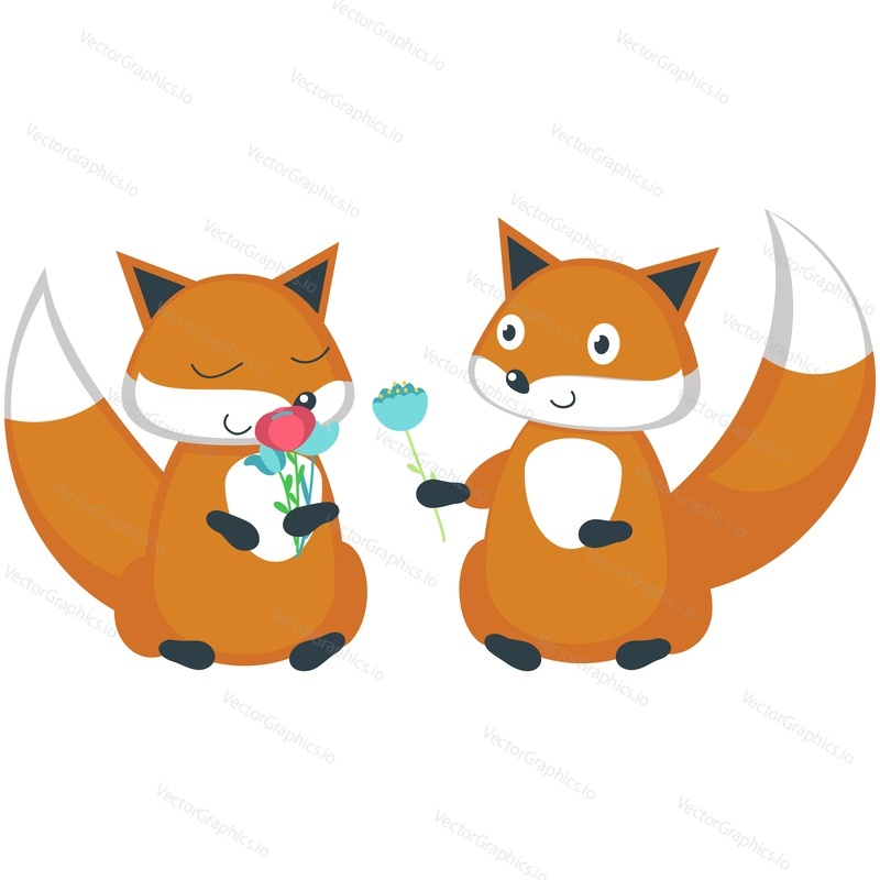 Sweet heart adorable animal family vector. Red fox couple in love icon. Woodland romantic pair for wedding greeting postcard. Mascot character with flower isolated on white background