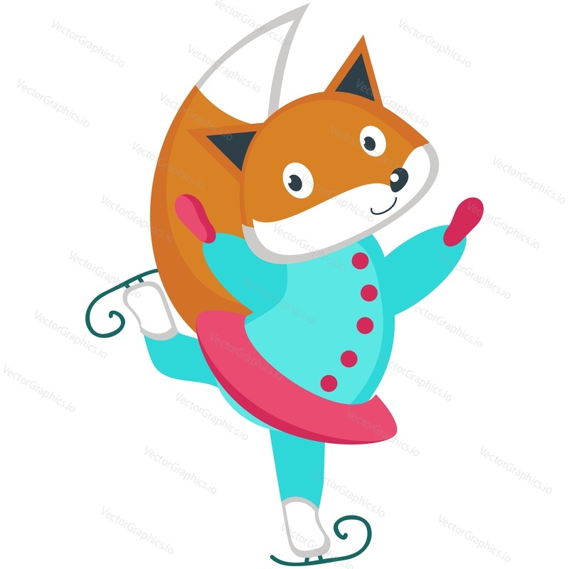 Animal skates. Fox winter skater vector icon. Cute cartoon forest character ice figure skating isolated on white background. Doodle holiday card or new year, christmas postcard design