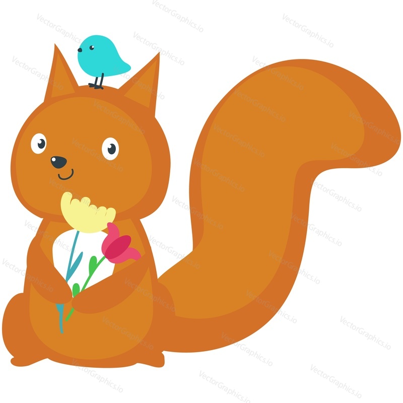 Cute squirrel with flower and bird on head vector icon. Cartoon forest character enjoy spring time isolated on white background