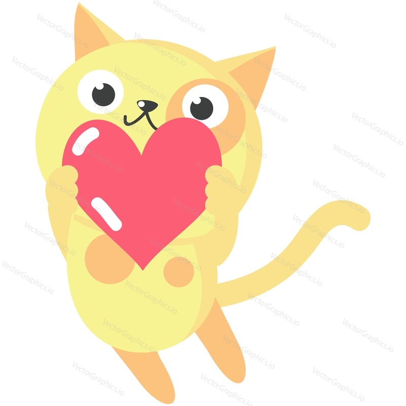 Kočka v lásce. Roztomilé vektorové zvíře. Funny cartoon rozkošný pet znak ikona ilustrace pro pozdrav Pozvánka design. Kawaii valentine kotě skákání se srdcem v tlapce izolované na bílém