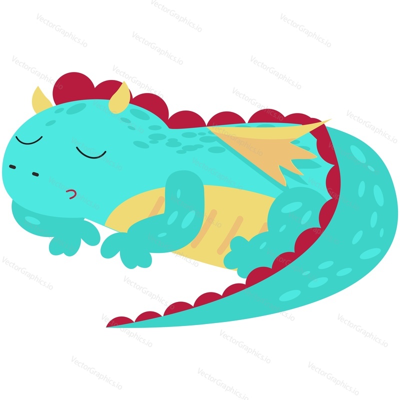 Dračí kreslený vektor. Roztomilá dětská postava ilustrace spící ikona odpočinku. Pohádka fantasy dinosaurus, legrační malé monstrum s sladký sen izolovaných na bílém pozadí