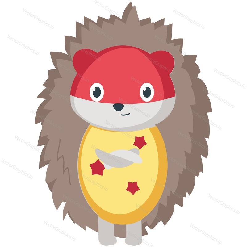 Hedgehog superhero vector. Cute cartoon animal super hero icon illustration. Strong brave prickly character in funny mask and costume isolated on white background. Doodle for birthday greeting card