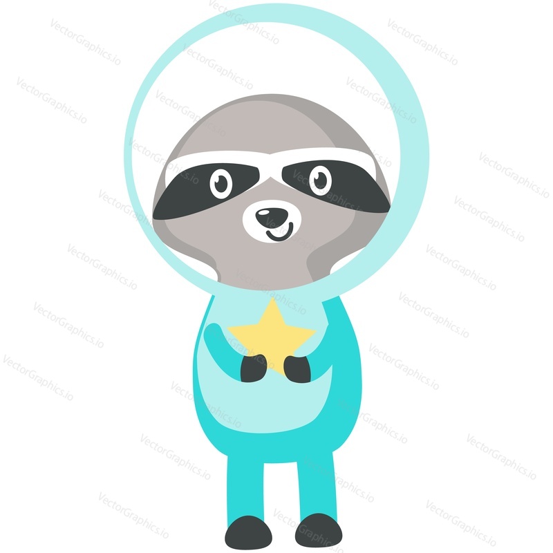Cartoon Legrační Mýval v kosmonaut skafandr vektoru. Funny cartoon space character icon. Komické zvíře kosmonaut v astronaut helma drží hvězda izolovaných na bílém pozadí