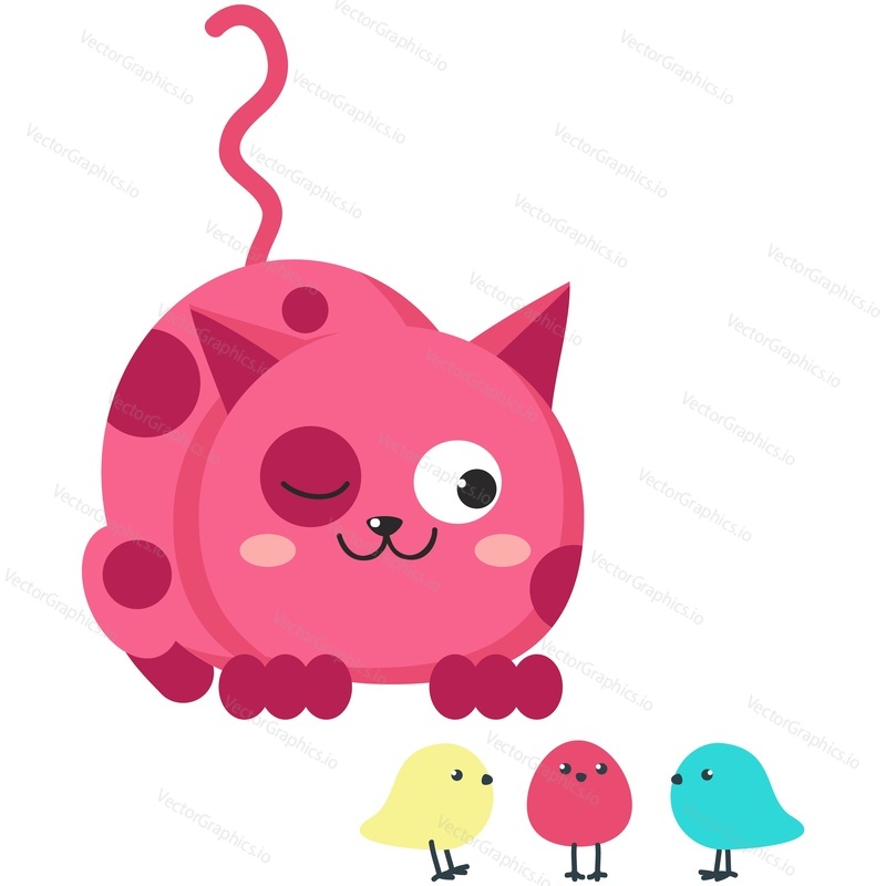 Cartoon spring cat and chicken vector. Cute animal and little farm bird icon for card design. Kitten character hunting isolated illustration on white background