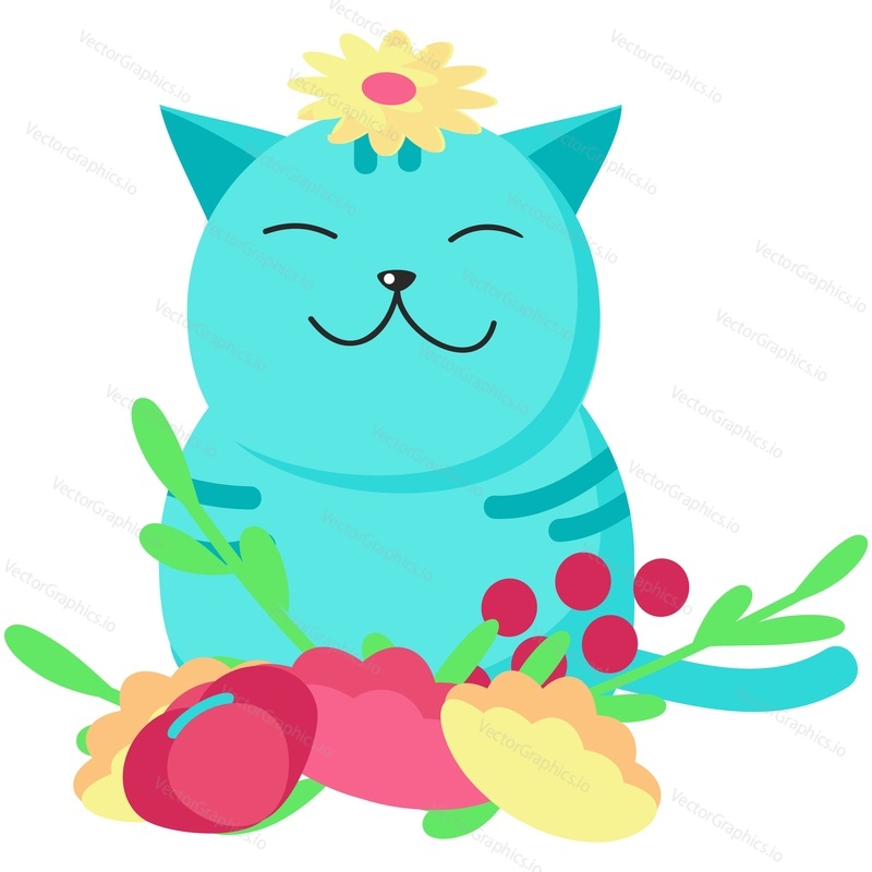 Cute vector spring cat with flower. Cartoon funny kitten animal icon illustration for greeting card design. Happy pet and nature isolated on white background