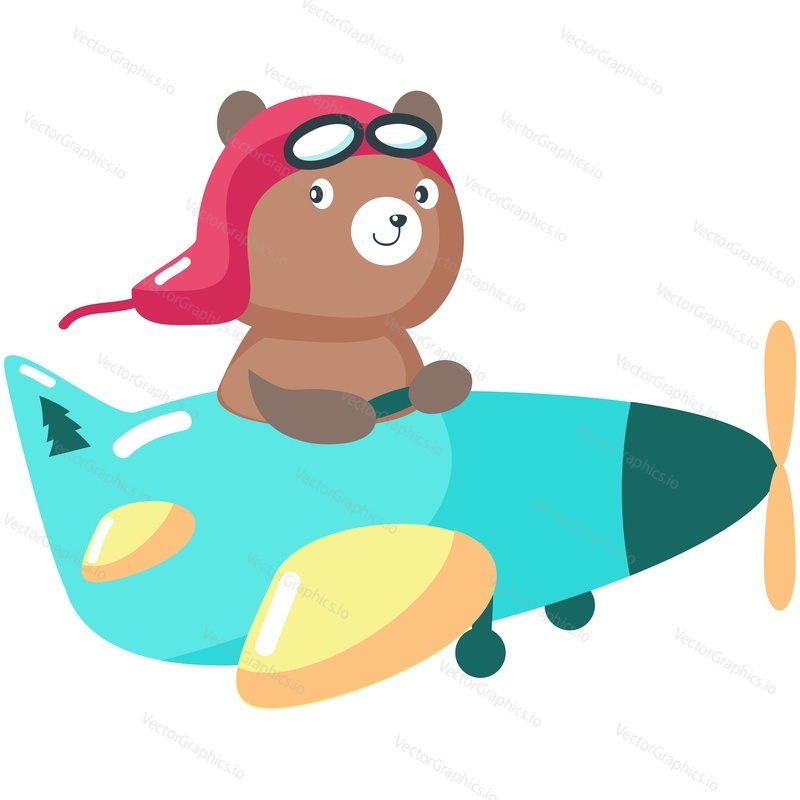 Teddy bear cute pilot animal cartoon vector icon. Funny character flying on aeroplane isolated on white background. Doodle design for postcard