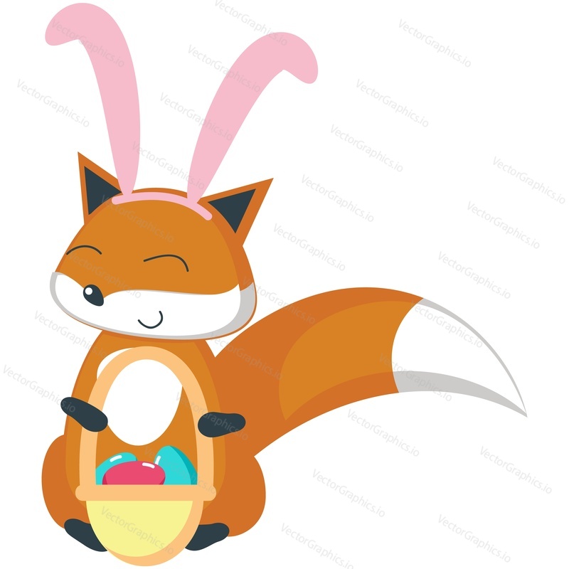 Easter vector. Cute cartoon fox character wearing funny bunny ears headband holding painted egg basket. Spring holiday animal for greeting doodle card decoration isolated on white background