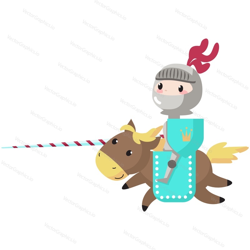 Cute knight vector. Cartoon medieval warrior character in armor helmet holding lance shield riding horse ready to attack icon isolated on white background. Historic tournament and competition
