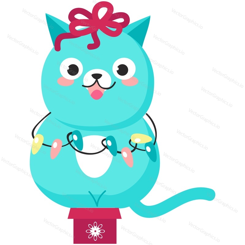 Roztomilý vánoční kočka vektor. Funny zimní pet charakter pro dovolenou karty doodle design. Tuk Vánoční kotě s lukem a světla věnec dekorace sedí v malé dárkové krabičce izolovaných na bílém pozadí