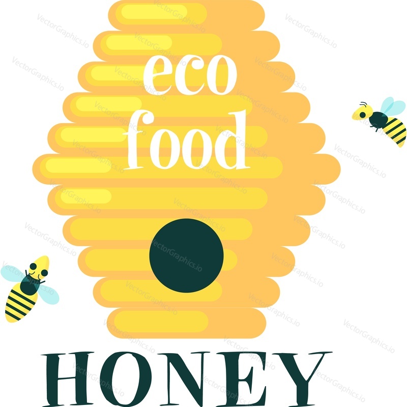 Eco food icon. Honey vector sticker, badge or logo. Beehive and bee flying design isolated on white background