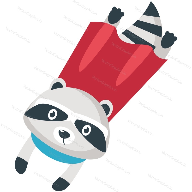 Raccoon superhero vector. Cute cartoon animal super hero icon illustration. Strong brave woodland character flying in red cloak isolated on white background. Doodle for birthday greeting card design