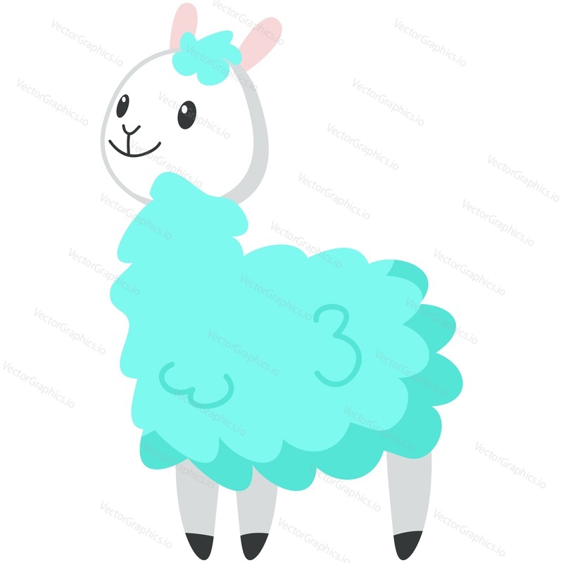 Cute alpaca vector. Funny lama standing cartoon icon. Side view kawaii animal smiling illustration. Happy mascot with fluffy curly green wool isolated on white background