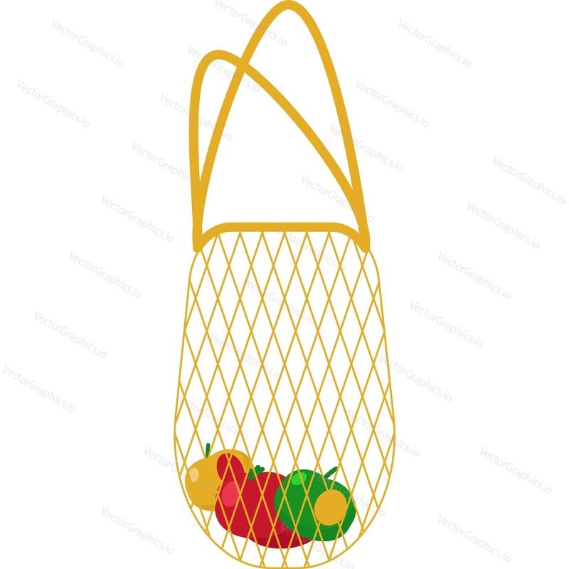 Bag mesh net with fruit vector. Food market, eco purchase and grocery shopping icon isolated on white background