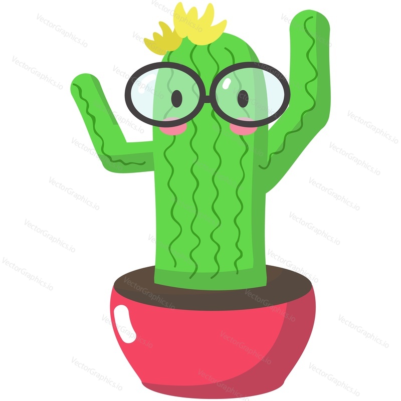 Cactus vector. Funny succulent plant mascot cartoon illustration. Cacti in eyeglasses flowerpot isolated on white background