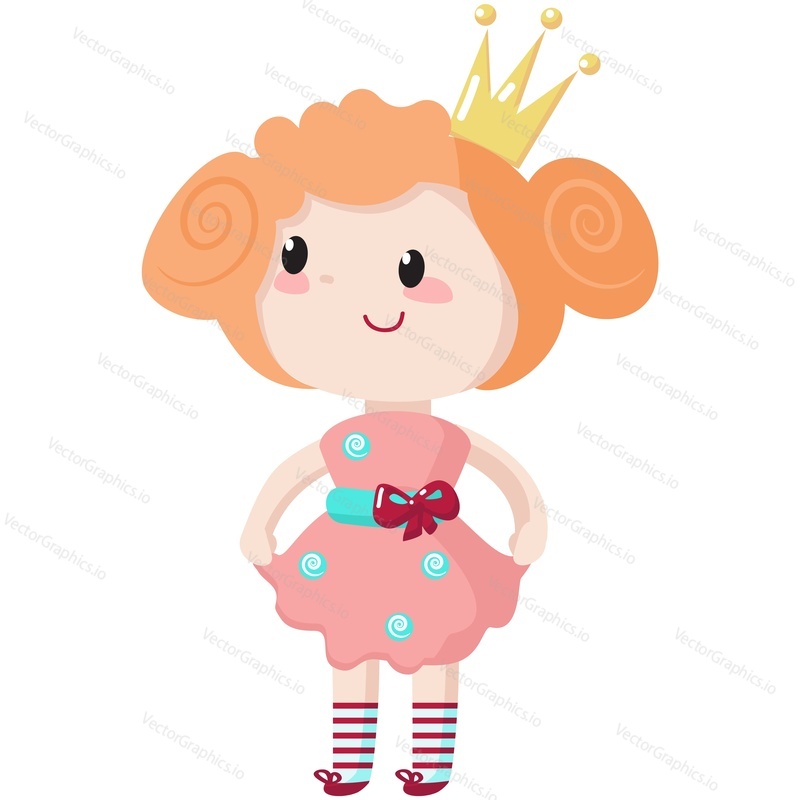 Princess vector. Cartoon girl in cute dress icon. Fairytale queen illustration. Fairy tale little child character wearing pretty gown and gold crown isolated on white background