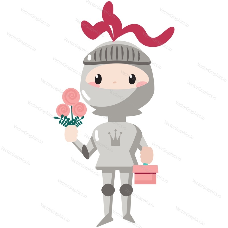 Cute knight vector. Cartoon medieval warrior child character in helmet and armor bringing romantic gift and flower bouquet for beloved icon isolated on white background