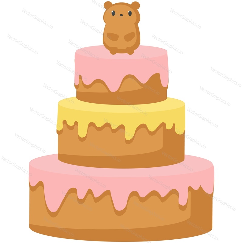 Cartoon cake vector. Birthday party celebration icon. Flat dessert food for baby shower isolated on white background