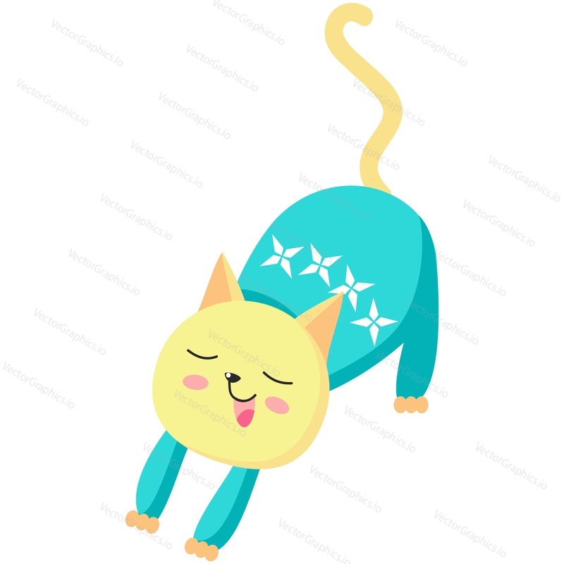 Winter cat in warm sweater vector. Cute pet animal icon illustration. Funny kitten character stretching back. Doodle design for greeting cold season card isolated on white background