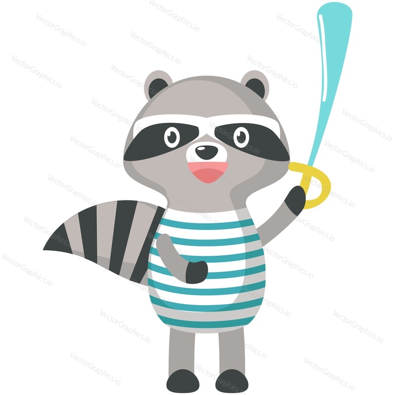 Raccoon vector. Cute pirate with sword icon. Funny animal in striped vest illustration isolated on white background