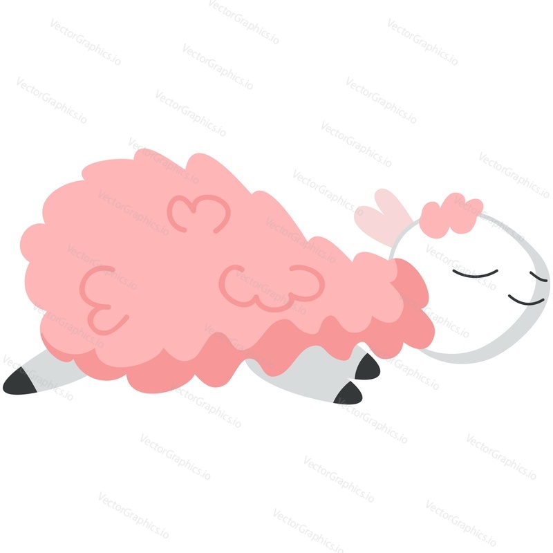 Cute alpaca vector. Funny lama sleeping cartoon icon. Kawaii animal asleep with eyes closed illustration. Mascot with fluffy curly pink wool napping isolated on white background