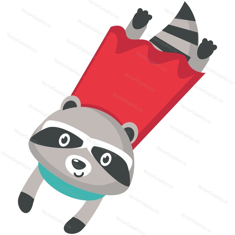 Cute raccoon super hero vector. Funny woodland animal character wearing red cloak flying cartoon icon illustration isolated on white background