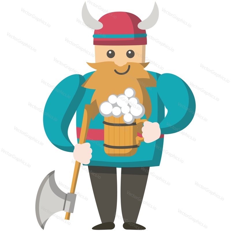 Happy viking character with beer cartoon character vector icon illustration. Funny man with blonde beard and mustache in horned helmet holding ale mug and weapon isolated on white background