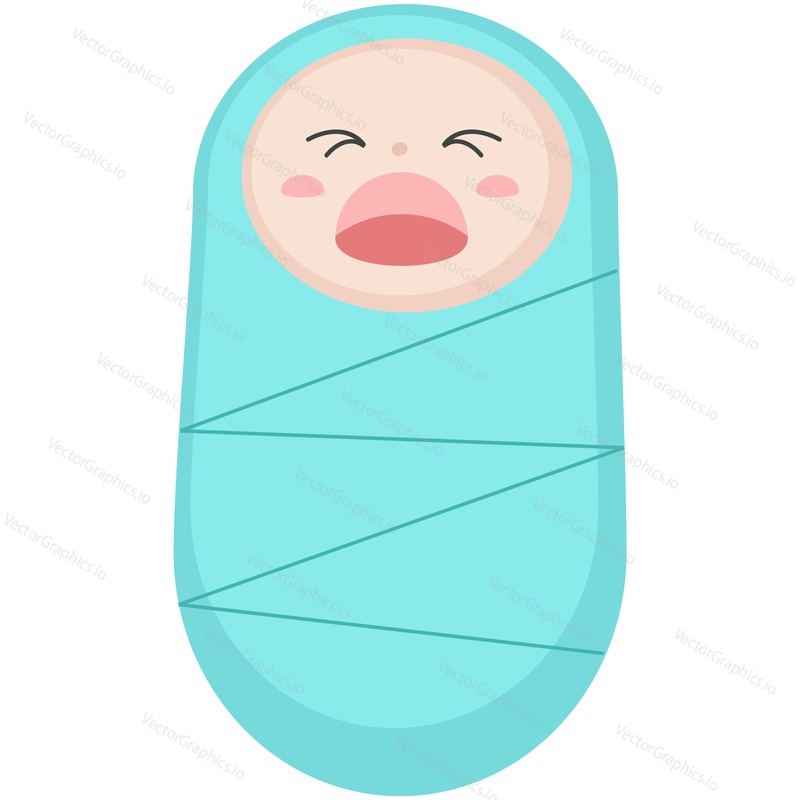 Newborn baby swaddle vector. Infant boy wrapped in blue blanket crying cartoon icon isolated on white background. Child born, birthday, baby shower concept