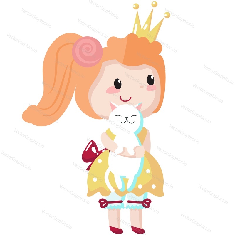 Princess vector. Cartoon girl in cute dress icon. Fairytale queen illustration. Fairy tale little child character wearing crown, pretty gown, holding cat isolated on white