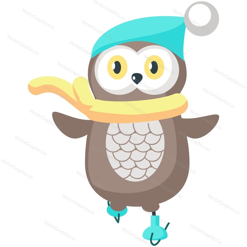 Bird skates. Owl winter skater vector icon. Cute cartoon feathered character ice figure skating isolated on white background. Doodle holiday card or new year, christmas postcard design