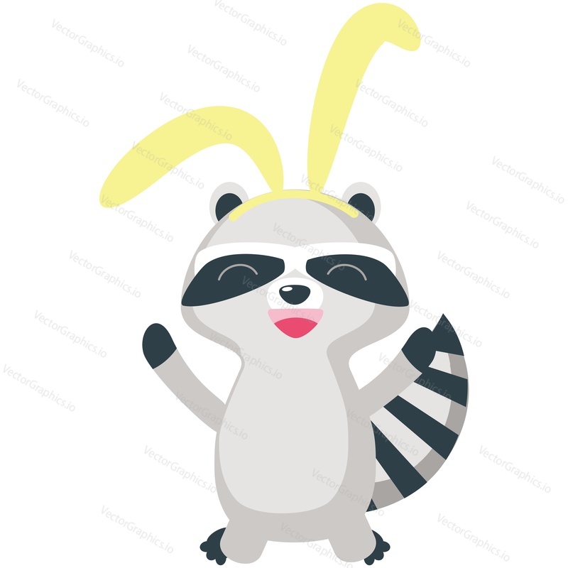 Easter vector. Cute cartoon raccoon character wearing funny bunny ears headband smiling. Spring holiday animal for greeting doodle card decoration isolated on white background