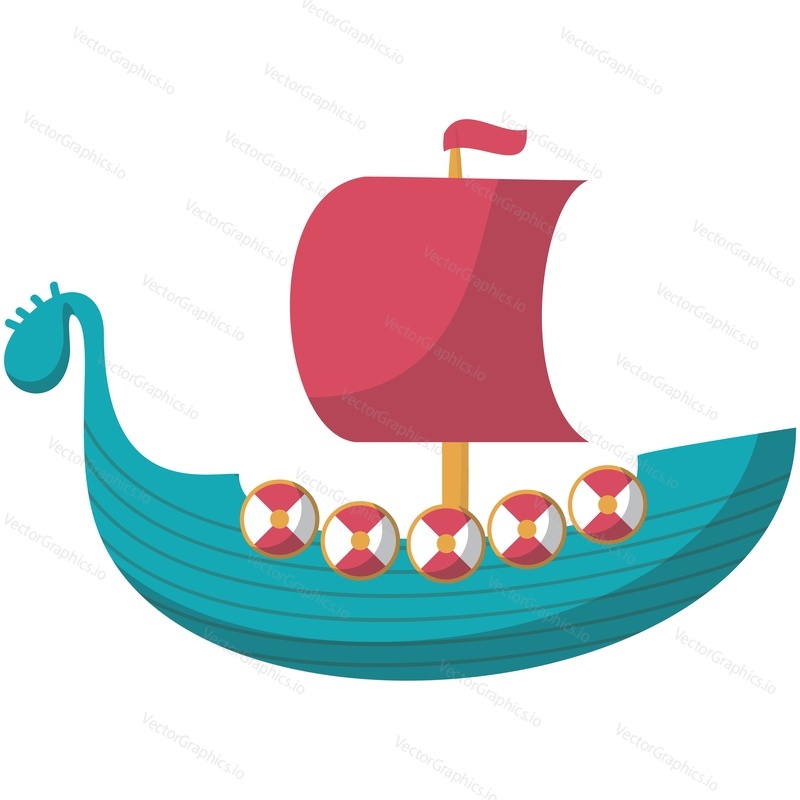 Viking ship vector. Drakkar boat with red sail and shield cartoon icon. Nordic longboat water vessel illustration isolated on white background