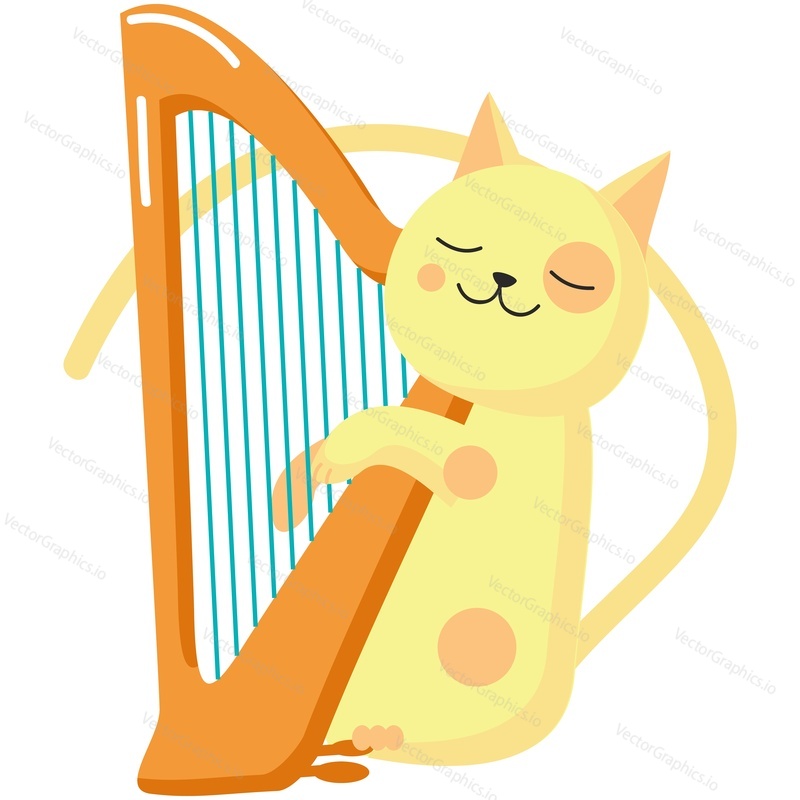 Music cat playing harp vector. Cartoon funny pet animal character musician icon. Kitten giving musical performance isolated on white background