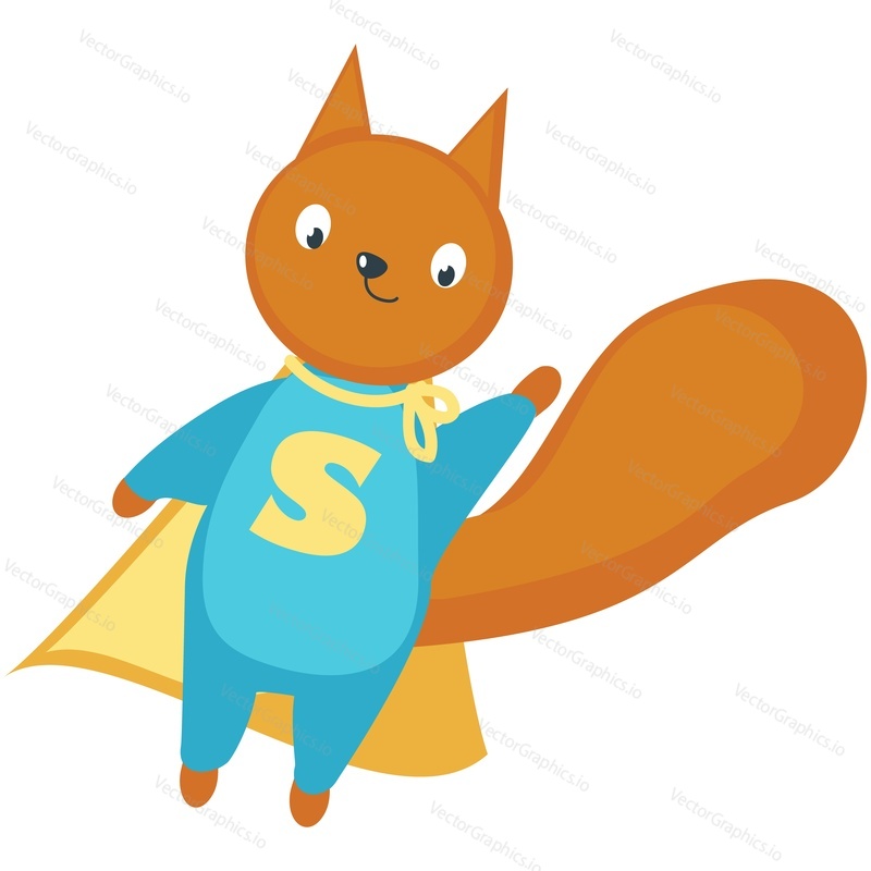 Squirrel superhero vector. Cute cartoon animal super hero icon illustration. Character in funny mask costume, cloak isolated on white background. Strong brave supersquirrel for birthday greeting card