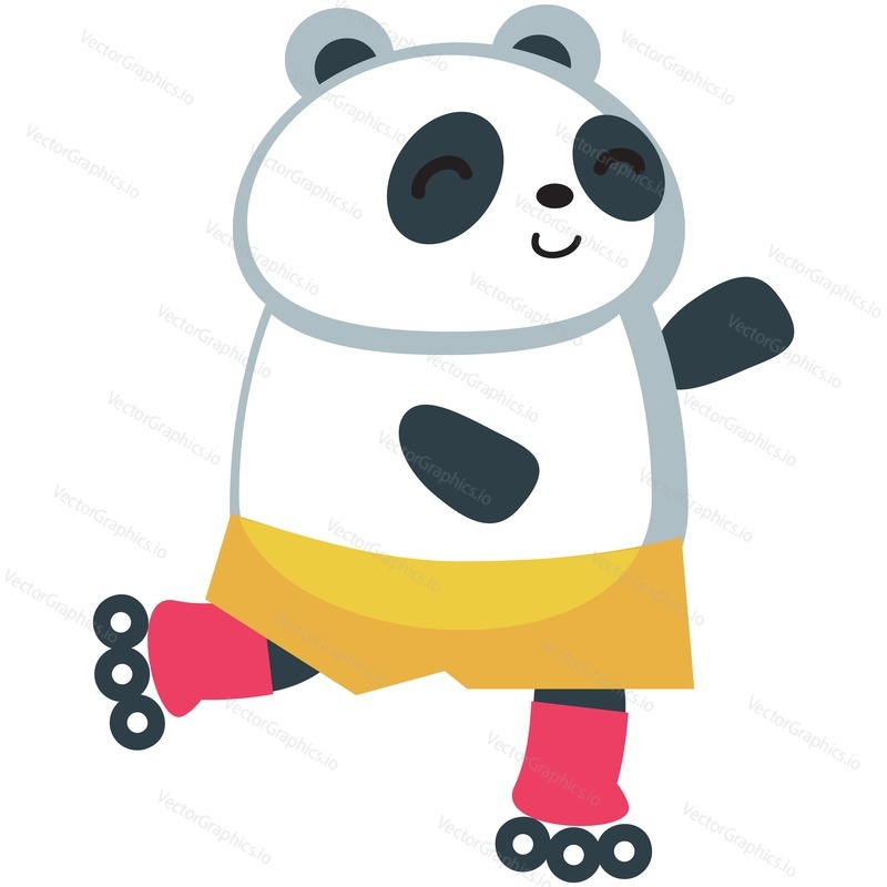 Panda roller skater vector. Cartoon funny bear sport character and fitness exercise icon. Kawaii animal skating isolated on white background