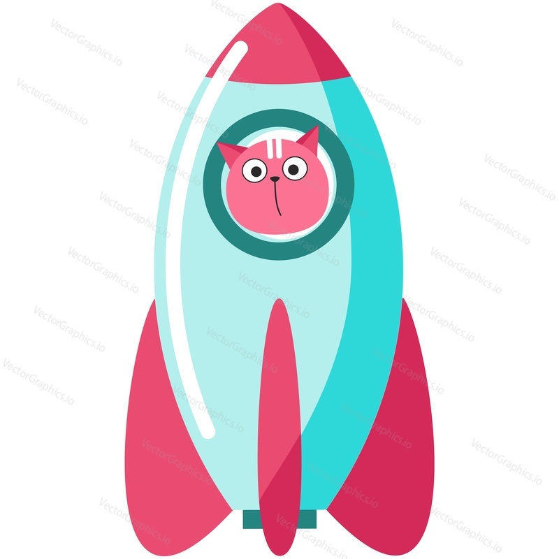 Space cat astronaut in spaceship vector. Cute emoji icon. Flat cartoon rocket with kitten cosmonaut on board isolated on white background. Cosmos character illustration